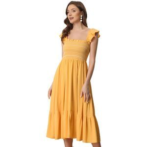 Boho Midi Dress Square Neck Ruffle Tiered Flowy Smocked Sundress Yellow